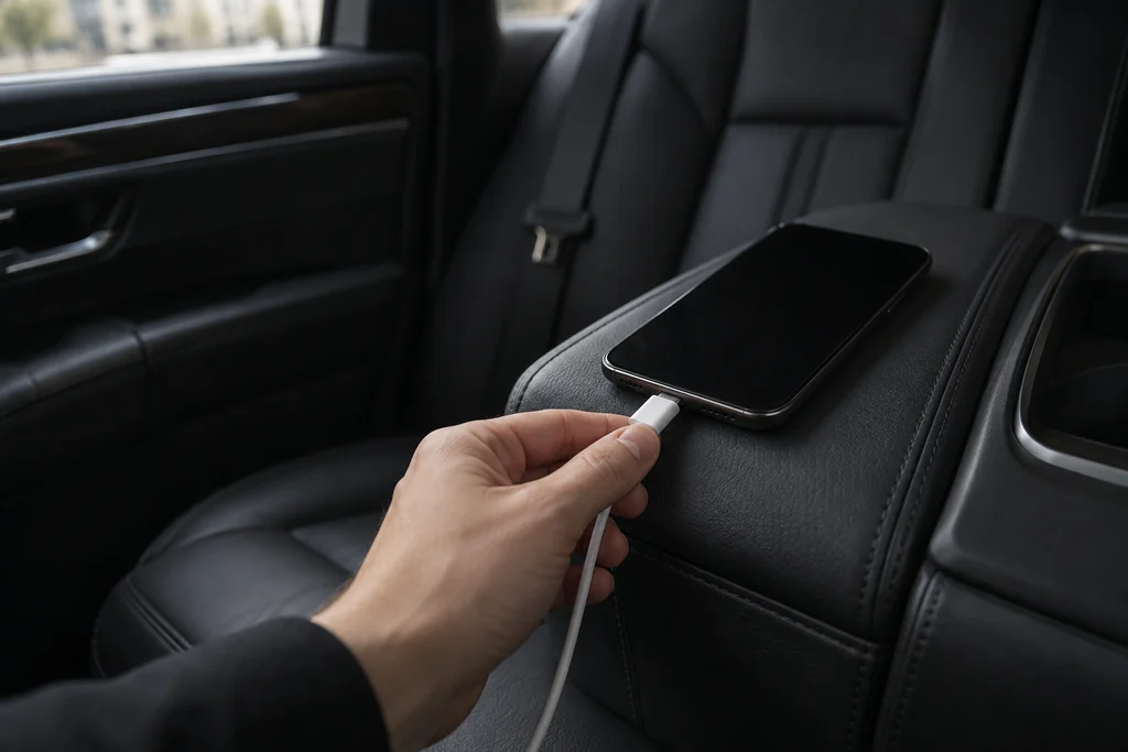 A hand plugging a charging cable into a phone in a car