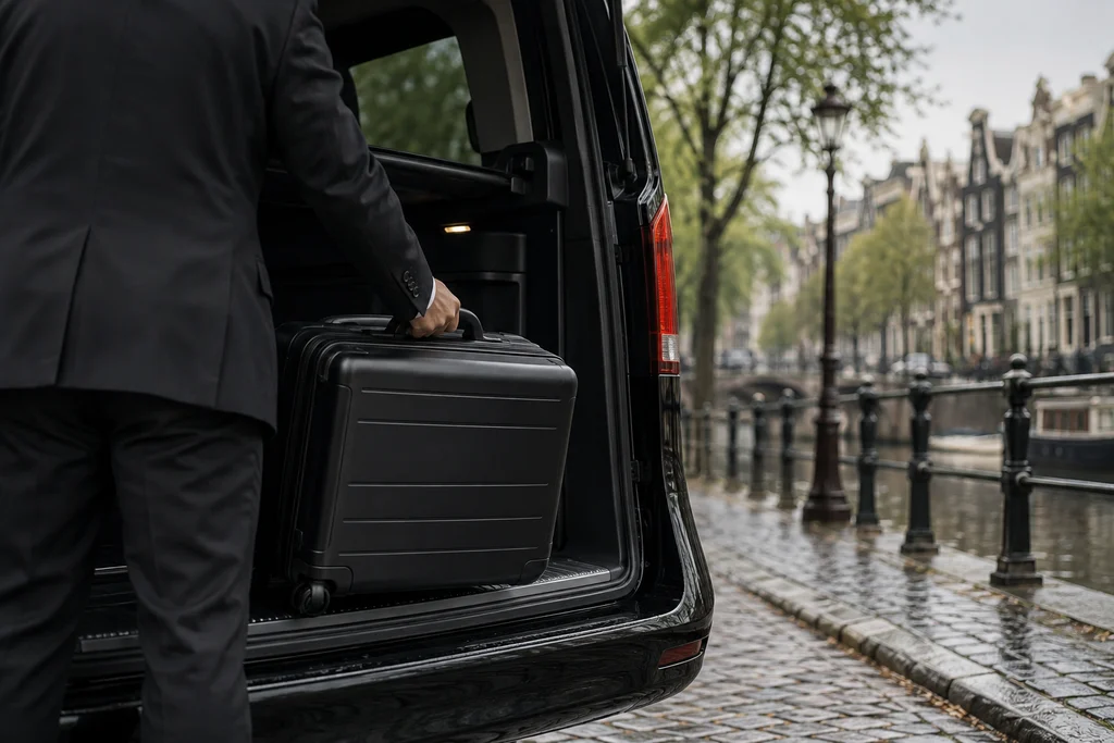 A chauffeur loading a suitcase into a black van