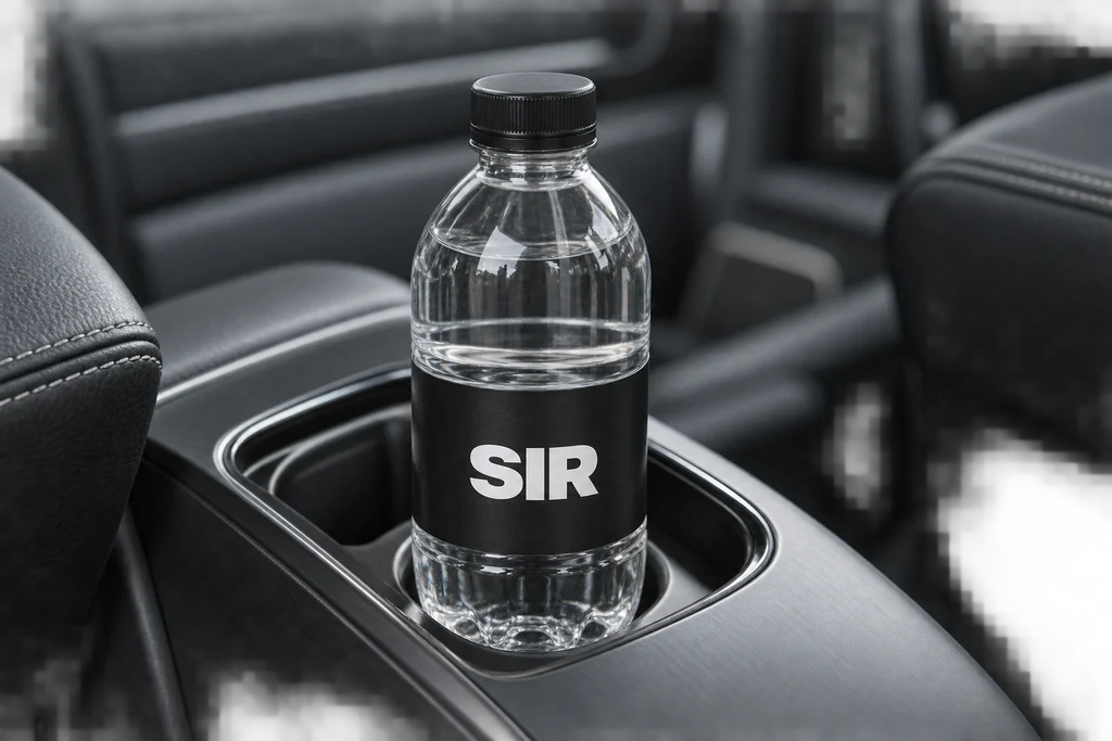 A bottle of water in the rear console of a car
