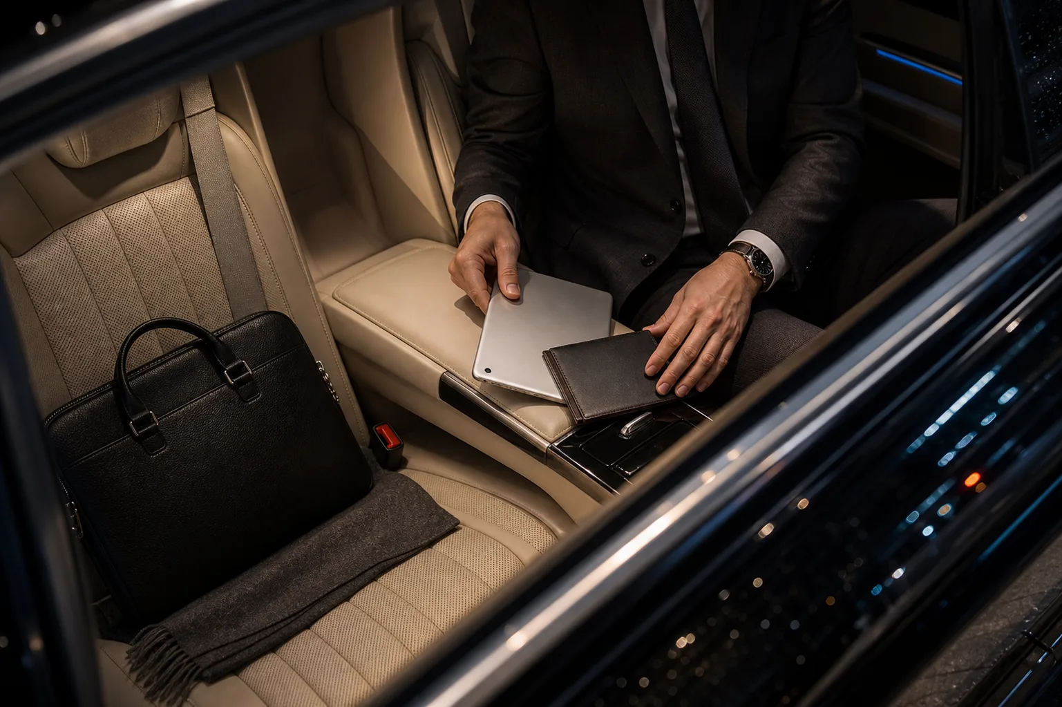 Zakelijke passagier op de crèmelederen achterbank van een SIR-chauffeurswagen bij avond