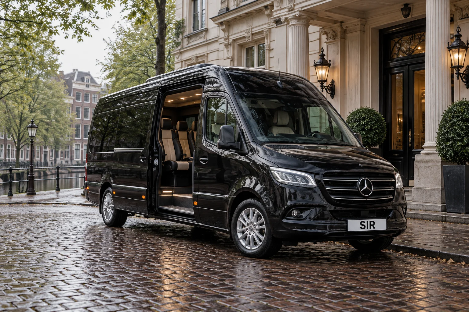 A black minibus with its door open outside an Amsterdam hotel