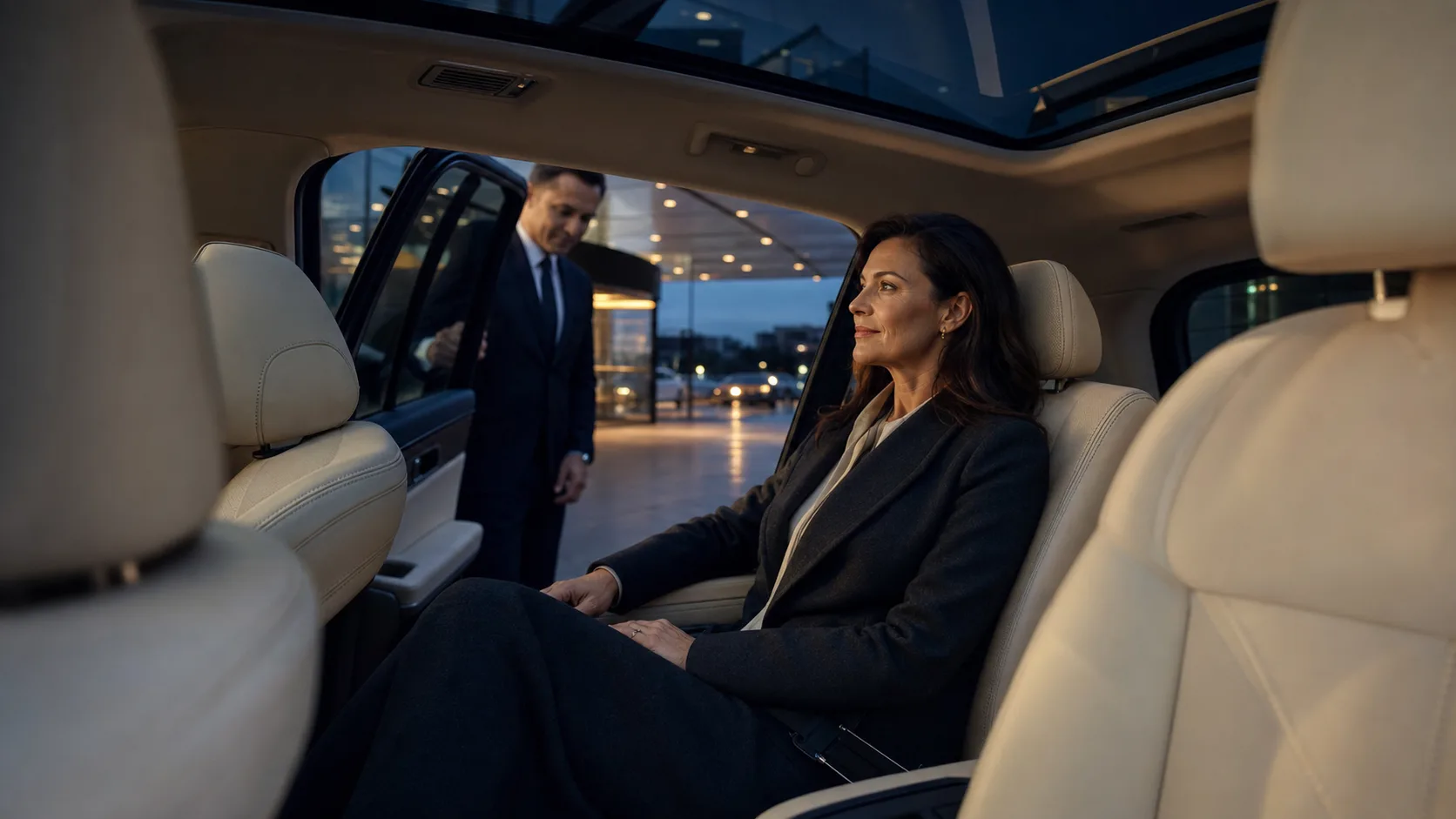SIR-chauffeur opent het portier voor een passagier bij de luchthaventerminal in de schemering