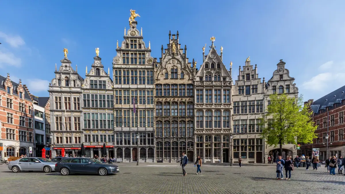 Historic guildhall facades around Antwerp's Grote Markt in daylight