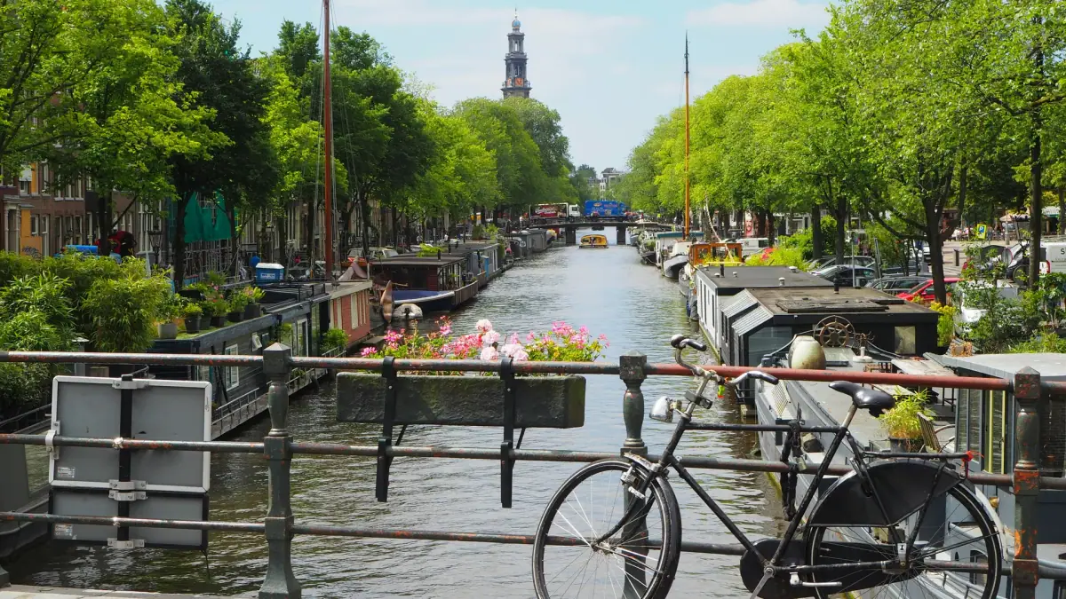 Bicycle beside a Delft canal with a church tower beyond the trees