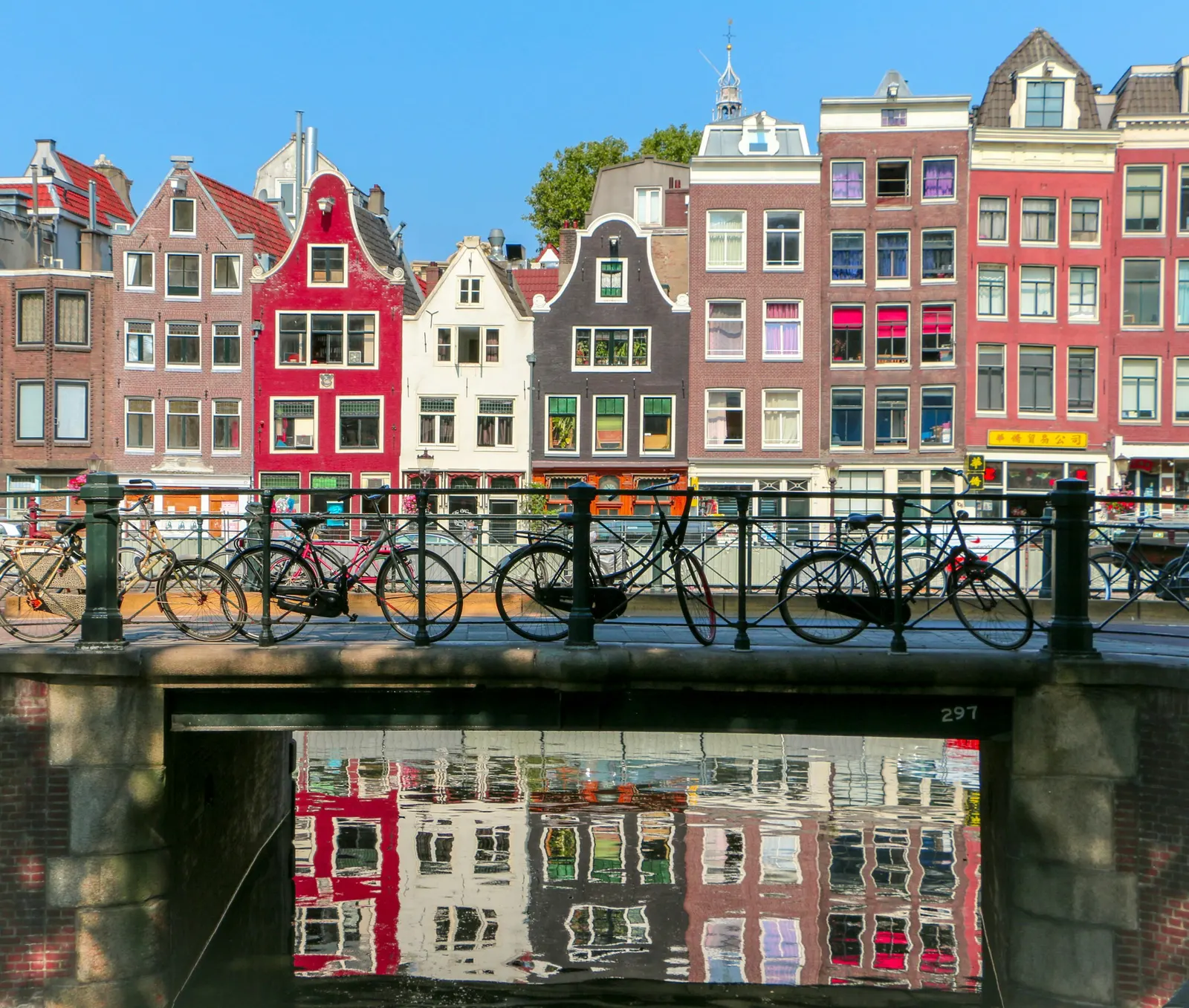 Bicycles parked on a canal bridge in Amsterdam with rows of gabled houses behind