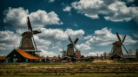 Working windmills and dark green wooden buildings at Zaanse Schans under a summer sky